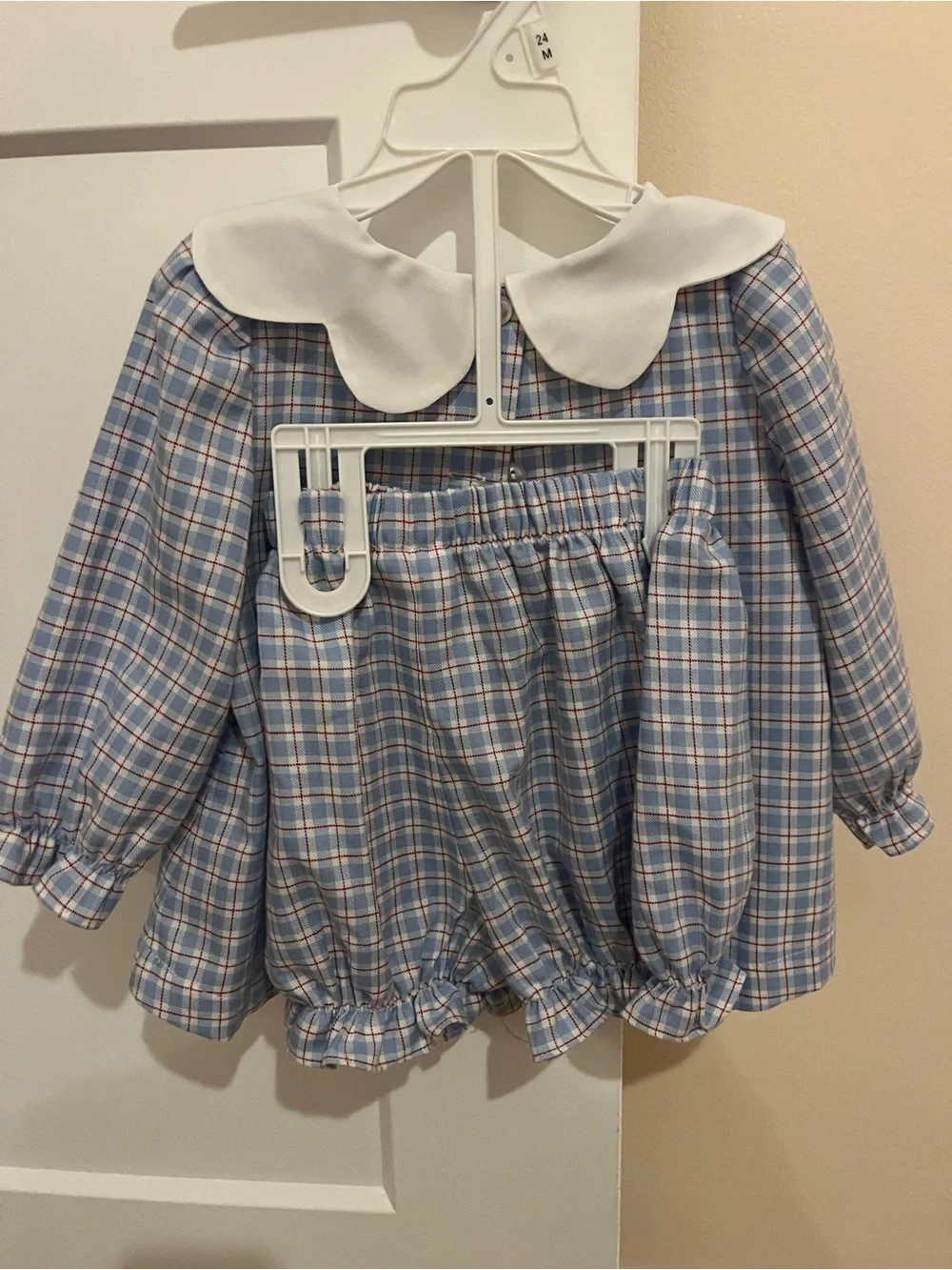 Stitchy fish brand Blue Plaid Girls' Top with White Peter Pan Collar